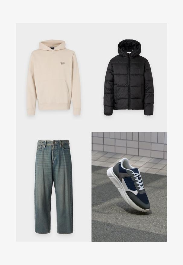 Schwarze Steppjacke mit Kapuze, ausgestattet mit horizontalen Stepppanelen, Reißverschluss vorne und einer glatten, glänzenden Textur.; Beige Kapuzenpullover aus weichem Material, mit einer Fronttasche, Kapuze mit Kordelzug und einem kleinen Grafiklogo auf der linken Brustseite.; Helle blaue Denim-Jeans mit lockerer Passform, mittelhoher Taille und geraden Beinen. Hat fünf Taschen, Gürtelschlaufen und einen Knopfverschluss.; Sneaker mit einem Obermaterial aus navyblauem Mesh, grauen Wildlederelementen, einer weißen Gummisohle und flachen weißen Schnürsenkeln, entworfen für Komfort und Atmungsaktivität.
