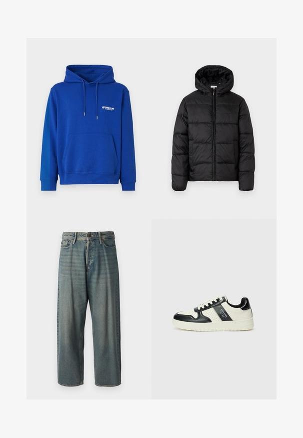 Μαύρο μπουφάν με κουκούλα, με οριζόντια καπιτονέ πάνελ, κλείσιμο με φερμουάρ μπροστά και λεία, γυαλιστερή υφή.; Μπλε φούτερ με κουκούλα και τσέπη καγκουρό, με κορδόνι στην κουκούλα και ριπές στα μανίκια. Διαθέτει ένα μικρό λευκό λογότυπο στο στήθος. Μαλακή υφή.; Ανοιχτό μπλε τζιν παντελόνι με χαλαρή γραμμή, μέση μέσου ύψους και ευθείες γραμμές. Περιλαμβάνει πέντε τσέπες, θηλιές ζώνης και κούμπωμα με κουμπί.; Δερμάτινα sneakers με μαύρο και κρεμ χρωματικό σχέδιο, με διάτρητες λεπτομέρειες, επενδεδυμένο κολάρο και υφή στη σόλα.