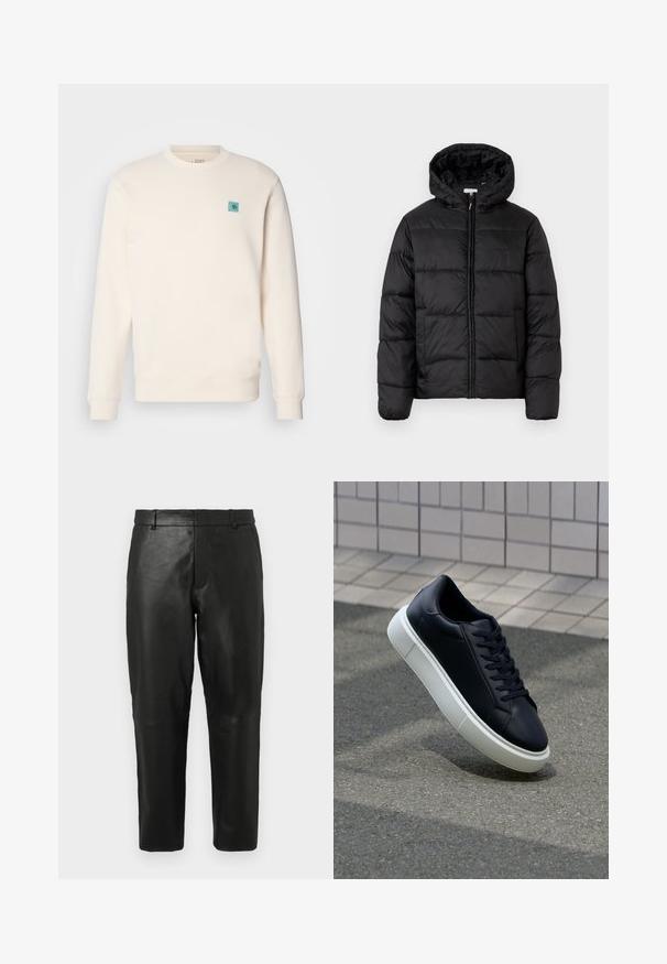 Crna puffer jakna s kapuljačom, koja ima horizontalne kvadratne panele, zatvaranje na zip sprijeda i glatku, sjajnu teksturu.; Krem dukserica napravljena od mekog materijala, sa okruglim izrezom, rebrastim rukavima, ravnim rubom i malim plavim grbom na prsima.; Crne kožne hlače ravnog kroja s petljama za remen i bočnim džepovima, prikazane na jednostavnoj svijetloj pozadini.; Crne kožne tenisice s zaobljenim vrhom i bijelim gumiranim potplatom. Imaju ravne vezice i minimalno šivanje na gornjem dijelu. Teksturirani potplat za bolje prianjanje.