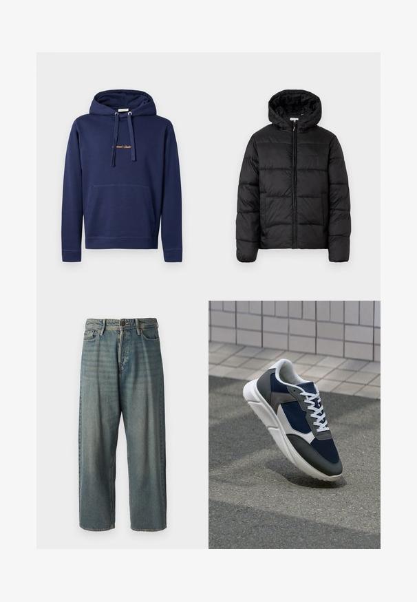 Schwarze Steppjacke mit Kapuze, ausgestattet mit horizontalen Stepppanelen, Reißverschluss vorne und einer glatten, glänzenden Textur.; Navyblauer Hoodie aus Baumwolle mit Kängurutasche, Kapuze mit Kordelzug und besticktem Text auf der Brust. Einfaches Design mit gerippten Bündchen.; Helle blaue Denim-Jeans mit lockerer Passform, mittelhoher Taille und geraden Beinen. Hat fünf Taschen, Gürtelschlaufen und einen Knopfverschluss.; Sneaker mit einem Obermaterial aus navyblauem Mesh, grauen Wildlederelementen, einer weißen Gummisohle und flachen weißen Schnürsenkeln, entworfen für Komfort und Atmungsaktivität.