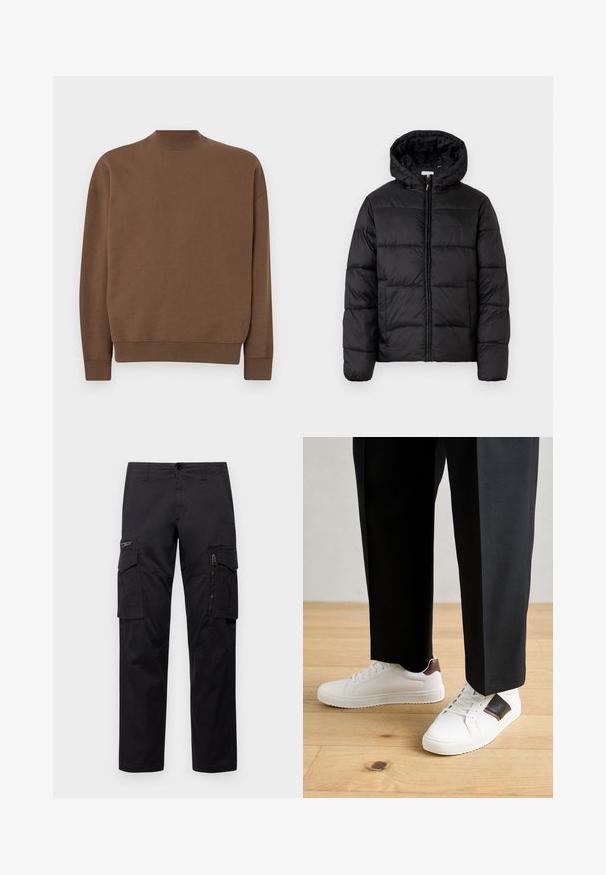 Chaqueta de plumas negra con capucha, que presenta paneles acolchados horizontales, cierre frontal con cremallera y una textura suave y brillante.; Sudadera marrón hecha de material suave. Presenta un cuello alto, mangas largas y un corte relajado. Detalle del logo sutil cerca del dobladillo.; Pantalones cargo negros con múltiples bolsillos, un bolsillo con cremallera en el muslo, corte recto y tejido de algodón resistente con un ligero brillo.; Zapatillas blancas con textura suave, con acentos de cuero marrón y detalles en negro, combinadas con pantalones negros ajustados. Fondo de suelo de madera.