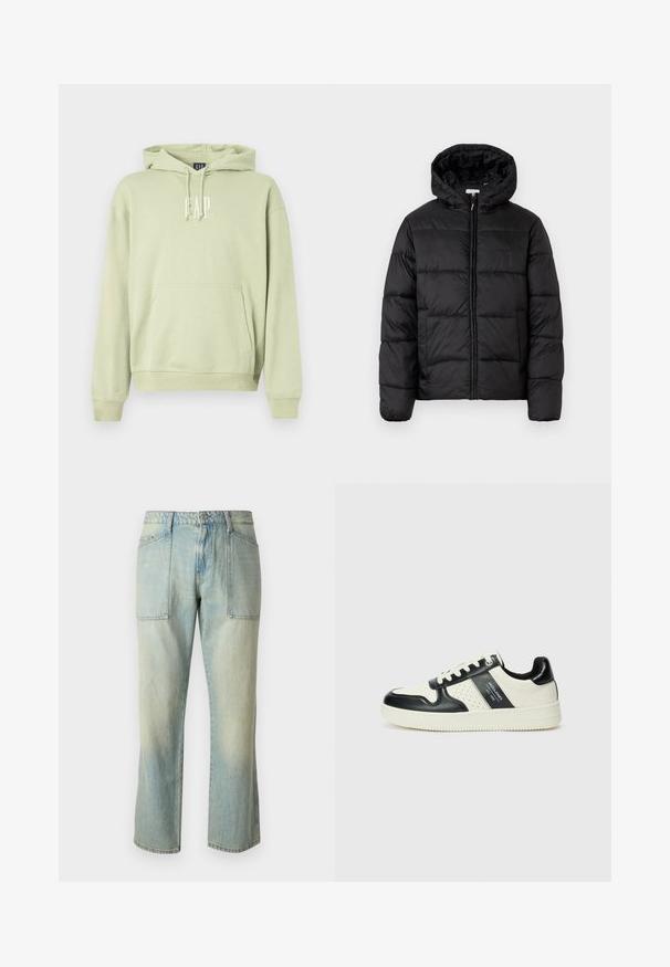 Schwarze Steppjacke mit Kapuze, ausgestattet mit horizontalen Stepppanelen, Reißverschluss vorne und einer glatten, glänzenden Textur.; Hellgrüner Kapuzenpullover aus weichem Material, mit einer Fronttasche und dem weißen "GAP"-Logo. Gerippte Bündchen und Saum.; Helle blaue Jeans mit geradem Bein, sichtbaren Nähten und zwei großen Fronttaschen. Der Stoff hat eine ausgewaschene Textur.; Leder-Sneaker in Schwarz- und Cremetönen, mit perforierten Akzenten, einem gepolsterten Kragen und einer strukturierten Laufsohle.
