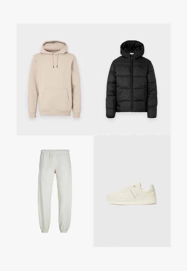 Melnā pūkainā jaka ar kapuci, ar horizontāliem quiltotiem paneļiem, ar rāvējslēdzēju priekšpusē un gludu, spīguļojošu tekstūru.; Kapuča džemperis gaiši bejā krāsā, izgatavots no mīksta auduma. Iekļauj priekšējo kabatu un regulējamas saites ar melnu galiem. Ribi skaisti piedurknes.; Baltas treniņbikses, izgatavotas no mīkstas auduma, ar elastīgu jostu un piedurknēm, gluda tekstūra un brīva piegriezuma dizains.; Krēmbaltie sporta apavi ar perforētu detaļām, auklām un logotipu sānos, attēloti uz vienkārša baltā fona.