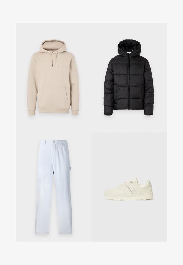 Musternaturmustar coat mustelhoovaga, hrisontaalsete tikandi paneelidega, tõmbluku ees sulgemisega ja sujuva, läikiva tekstuuriga.; Kergedatud kapuutsiga särk heledas beežis, valmistatud pehmest kangast. Omab esimest taskut ja reguleeritavaid nööre mustade otsikutega. Ribitud mansetid.; Heled sinised triibulised püksid, mis on valmistatud puuvillast. Sirge jala disain, esine nupuvajutusega kinniti ja küljetaskud. Pehme tekstuur.; Koor valged tossud perforatsiooni detailide, nööpide ja külje logo ka, esitatud ühtlase valge tausta ees.