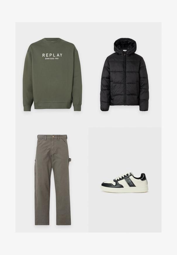 Chaqueta de plumas negra con capucha, que presenta paneles acolchados horizontales, cierre frontal con cremallera y una textura suave y brillante.; Sudadera verde oliva hecha de algodón, con cuello redondo y mangas largas. En la parte delantera presenta el texto "REPLAY DNM GDS 1981" en blanco.; Pantalones cargo de algodón gris oscuro con pierna recta, que cuentan con bolsillos laterales y un cierre de botón en la cintura. Textura suave, con detalles mínimos.; Zapatillas de cuero con un esquema de colores negro y crema, que cuentan con acentos perforados, un collar acolchado y una suela texturizada.
