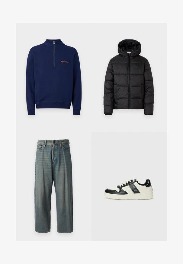 Černá péřová bunda s kapucí, s horizontálně prošívanými panely, předním zipovým zapínáním a hladkým, lesklým povrchem.; Námořnický modrý pulovr s čtvrtinovým zipem a vyšitým nápisem "Originals Studio" v oranžové barvě na hrudi.; Světle modré denimové džíny s volným střihem, středně vysokým pasem a rovnými nohavicemi. Obsahují pět kapes, poutka na opasek a zapínání na knoflík.; Kožené tenisky s černobílou barevnou kombinací, které mají perforované detaily, polstrovaný límec a texturovanou podrážku.