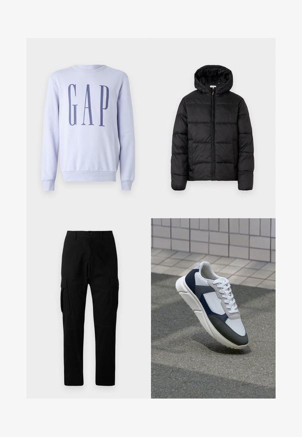 Casaco puffer preto com capuz, apresentando painéis acolchoados horizontais, fecho com zíper na frente e uma textura suave e brilhante.; Sweatshirt lilás claro feito de um tecido suave com mangas longas, decote redondo e um ousado logótipo azul marinho "GAP" ao centro.; Calças cargo pretas com múltiplos bolsos laterais, design de perna reta e fecho de botão, feitas de material de algodão durável.; Sapatilhas brancas, azuis-marinho e cinzas com um design de materiais mistos, apresentando uma parte superior texturizada, atacadores planos e uma sola acolchoada.