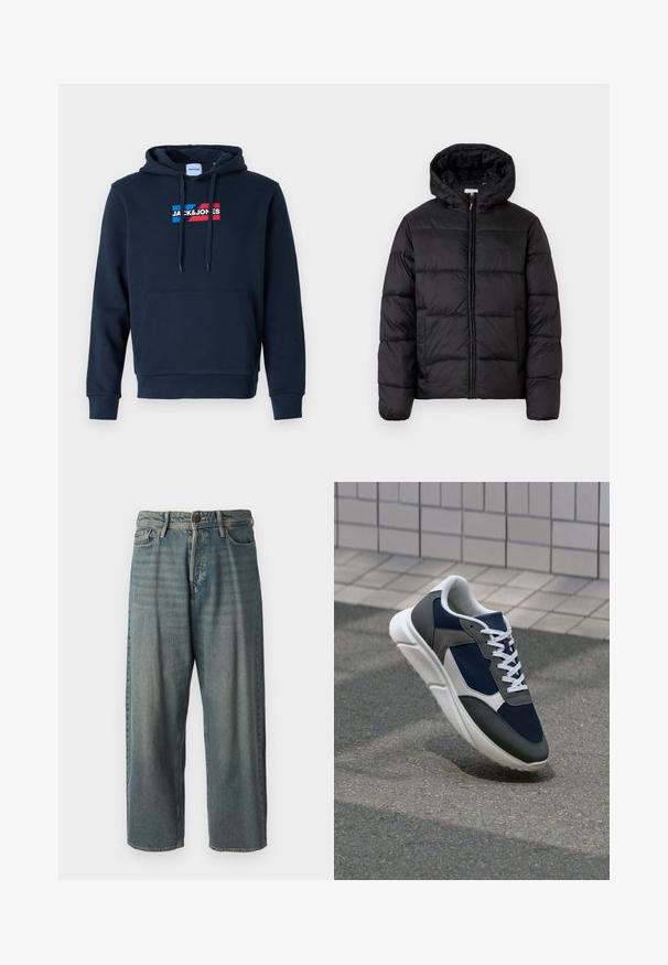 Jachetă puffer neagră cu glugă, cu panouri quilted orizontale, închidere prin fermoar și o textură netedă, lucioasă.; Hanorac bleumarin cu buzunar frontal tip kangaroo, glugă cu șnur și logo în roșu și albastru, având o textură moale și netedă și manșoane ribbate.; Jeans din denim bleu deschis, cu o croială lejeră, talie medie și picioare drepte. Au cinci buzunare, bucle pentru curea și închidere cu nasture.; Adidași cu un uppers din plasă albastră închisă, accente din suede gri, talpă din cauciuc alb și șireturi plate albe, concepuți pentru confort și respirabilitate.