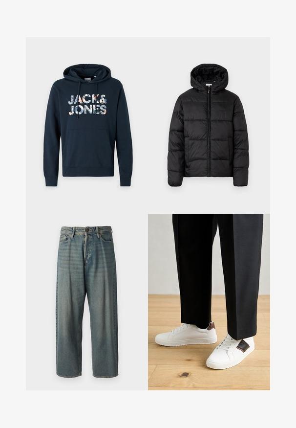 Czarna kurtka puchowa z kapturem, z poziomymi pikowanymi panelami, zapinana na zamek błyskawiczny z przodu i o gładkiej, błyszczącej fakturze.; Granatowa bluza z kapturem, z kieszenią typu kangur, kapturem ze sznurkiem oraz grafiką "JACK & JONES" z kwiatowymi wzorami w różnych kolorach.; Jasnoniebieskie dżinsy o luźnym kroju, średnim stanie i prostych nogawkach. Posiadają pięć kieszeni, szlufki na pasek oraz zapięcie na guzik.; Białe trampki o gładkiej fakturze, z brązowymi skórzanymi akcentami i czarnymi detalami, zestawione z czarnymi eleganckimi spodniami. Tło stanowi drewniana podłoga.