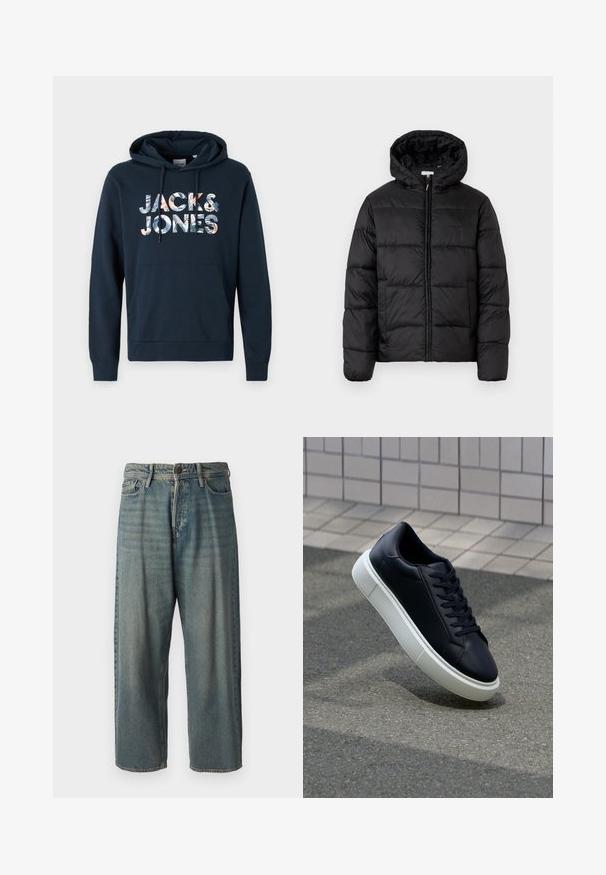 Fekete puffermellény kapucnival, vízszintes steppelésekkel, cipzáros elülső záródással és sima, fényes felülettel.; Sötétkék kapucnis pulóver kenguruzsebbel, zsinóros kapucnival és grafikus "JACK & JONES" nyomattal, amely különböző színekben virágmintákat tartalmaz.; Világoskék farmernadrág, laza fazonnal, közepes derékbőséggel és egyenes szárral. Öt zsebet, övbucskát és gombos záródást tartalmaz.; Fekete bőr sportcipő lekerekített orral és fehér gumitalppal. Lapos fűzőkkel és minimális varrásokkal rendelkezik a felsőrészén. Mintás talp a tapadásért.