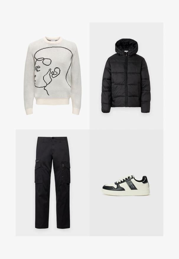 Svart dunjacka med huva, med horisontella quiltade paneler, dragkedja fram och en slät, glänsande yta.; Vit stickad tröja med svart linjeteckning som föreställer en profil. Har rund halsringning och ribbade muddar och nederkant. Mjuk textur.; Svarta cargobyxor med flera fickor, en blixtlåsficka på låret, rak passform och slitstigt bomullstyg med lätt glans.; Läder sneakers med en svart och krämfärgad färgsättning, med perforerade detaljer, en vadderad krage och en strukturerad yttersula.
