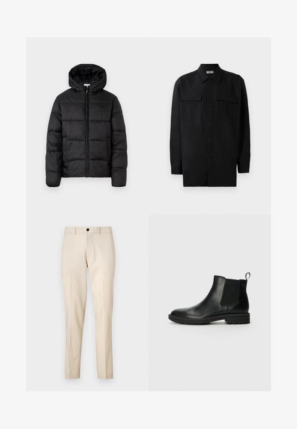 Musternaturmustar coat mustelhoovaga, hrisontaalsete tikandi paneelidega, tõmbluku ees sulgemisega ja sujuva, läikiva tekstuuriga.; Mustmust värvi nööpidega särk, mis on valmistatud sujuvast kangast, klassikalise kraega, kahe eesmise tasku ja pikkade varrukatega, millel on nööpidega mansetid.; Beige kohandatud püksid siledast materjalist, millel on ees nupuga sulgemine, lame esikülg ja sirged sääred. Taskuid ei ole nähtaval.; Jack & Jones JFWHOSKINS - Klassikalised poolsaapad - anthracite