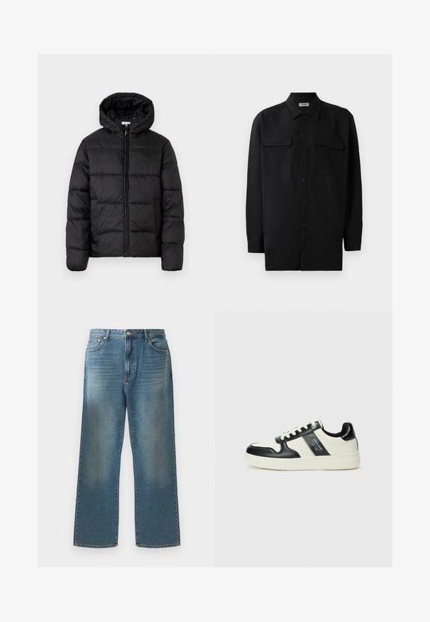 Giacca a vento nera con cappuccio, caratterizzata da pannelli trapuntati orizzontali, chiusura frontale con zip e una texture liscia e lucida.; Camicia nera con bottoni realizzata in tessuto morbido, dotata di colletto classico, due tasche frontali e maniche lunghe con polsini a bottone.; Jeans in denim blu con una vestibilità a gamba larga, caratterizzati da un lavaggio sbiadito, design classico a cinque tasche e chiusura con bottone in metallo in vita.; Sneakers in pelle con una combinazione di colori nero e crema, dotati di dettagli perforati, collare imbottito e suola testurizzata.