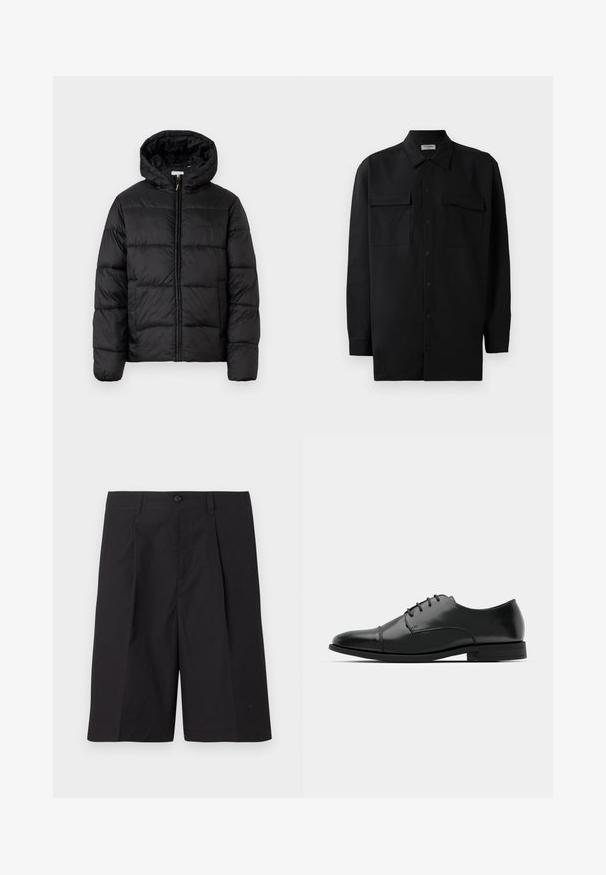 Melnā pūkainā jaka ar kapuci, ar horizontāliem quiltotiem paneļiem, ar rāvējslēdzēju priekšpusē un gludu, spīguļojošu tekstūru.; Melnā pogu krekla, kas izgatavota no gludas auduma, ar klasisku apkakli, divām priekšējām kabatām un garām piedurknēm ar pogu aprocēm.; Melni pielāgoti šorti, izgatavoti no viegla auduma, ar krokām, pogu aizdari un taisnu apakšmalu. Gluda tekstūra un bez redzamām modeļiem.; Melnas ādas vadmalas kurpes ar noapaļotu purngalu, saistījuma dizains, smalkas izšuvumu detaļas un zema papēža. Gluda tekstūra ar spīdīgu apdari.