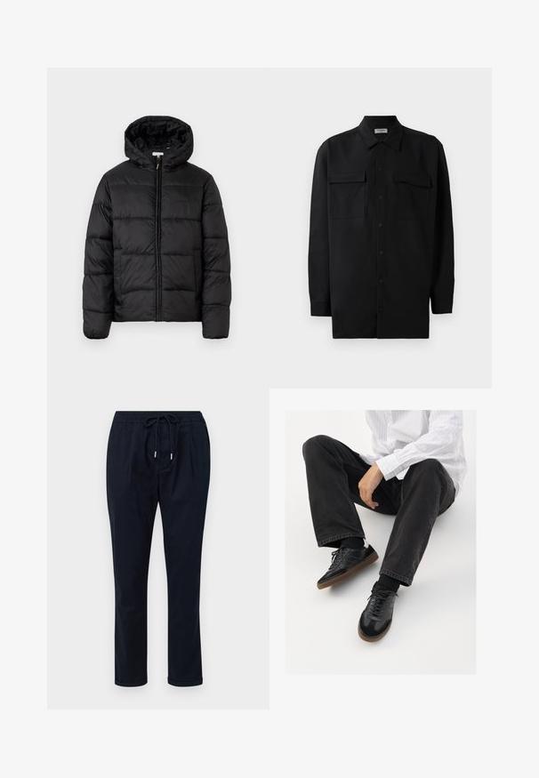 Musternaturmustar coat mustelhoovaga, hrisontaalsete tikandi paneelidega, tõmbluku ees sulgemisega ja sujuva, läikiva tekstuuriga.; Mustmust värvi nööpidega särk, mis on valmistatud sujuvast kangast, klassikalise kraega, kahe eesmise tasku ja pikkade varrukatega, millel on nööpidega mansetid.; Tumedate sinel olevad püksid, mis on valmistatud kergest kangast, elastse vöökohaga, millel on nöör, sirged sääred ja üleskeeratud teie.; Mustad spordijalatsid siledast ja tekstuurilisest ülemisest osast, millel on kummist tald ja tumedad nöörid. Kombineeritud mustade teksade ja valge triibulise särgiga.