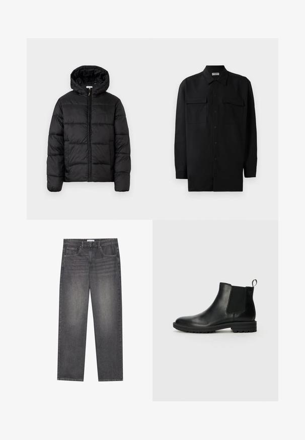 Čierna prešívaná bunda s kapucňou, s horizontálnymi prešívanými panelmi, so zipsom vpredu a hladkou, lesklou textúrou.; Čierna košeľa na gombíky vyrobená z hladkej tkaniny, so klasickým golierom, dvoma prednými vreckami a dlhými rukávmi s gombíkovými manžetami.; Tmavošedé džínsové nohavice so rovnýmm strihom, obsahujúce päť vreciek, predné zapínanie na gombík a jemné vyblednutie na látke.; Jack & Jones JFWHOSKINS - Klasické členkové čižmy - anthracite