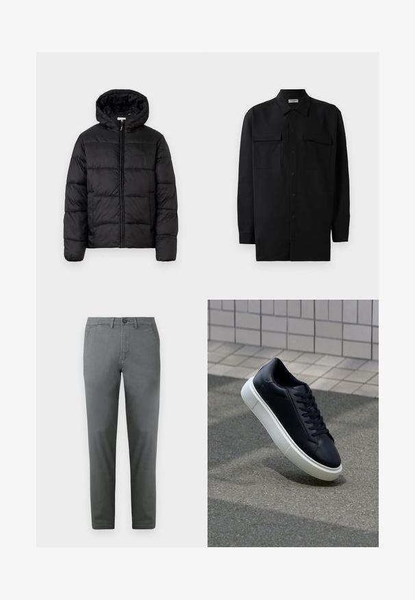 Melnā pūkainā jaka ar kapuci, ar horizontāliem quiltotiem paneļiem, ar rāvējslēdzēju priekšpusē un gludu, spīguļojošu tekstūru.; Melnā pogu krekla, kas izgatavota no gludas auduma, ar klasisku apkakli, divām priekšējām kabatām un garām piedurknēm ar pogu aprocēm.; Pelēki kokvilnas chinos bikses ar šauru piegriezumu, ar priekšējo pogu aizdari, divām sānu kabatām un gludu tekstūru. Elegants dizains.; Melnas ādas kedas ar noapaļotu pirkstu un baltu gumijas zoli. Iespējas - plakanas šņorītes un minimāla apdare augšdaļā. Struktūrēta zole, lai nodrošinātu saķeri.