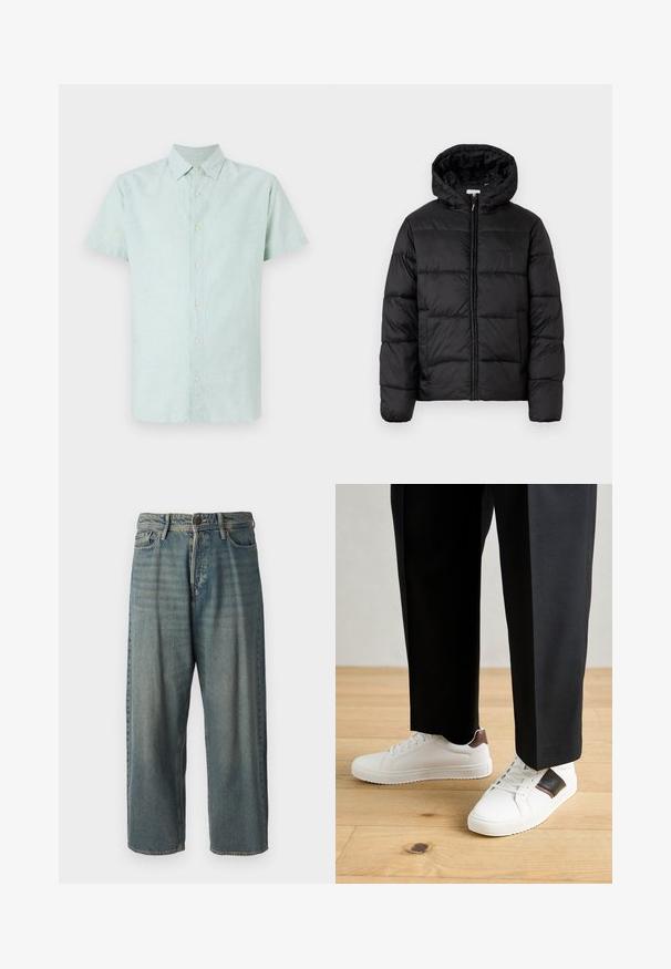 Jachetă puffer neagră cu glugă, cu panouri quilted orizontale, închidere prin fermoar și o textură netedă, lucioasă.; Cămașă scurtă cu mânecă, de culoare verde deschis, fabricată din in, având un guler ascuțit și un închidere cu butoane pe toată lungimea, cu o textură subtilă și tiv drept.; Jeans din denim bleu deschis, cu o croială lejeră, talie medie și picioare drepte. Au cinci buzunare, bucle pentru curea și închidere cu nasture.; Sneakers albe cu textură netedă, având accente din piele maro și detalii negre, asociate cu pantaloni negri pe măsură. Fundal din podea din lemn.