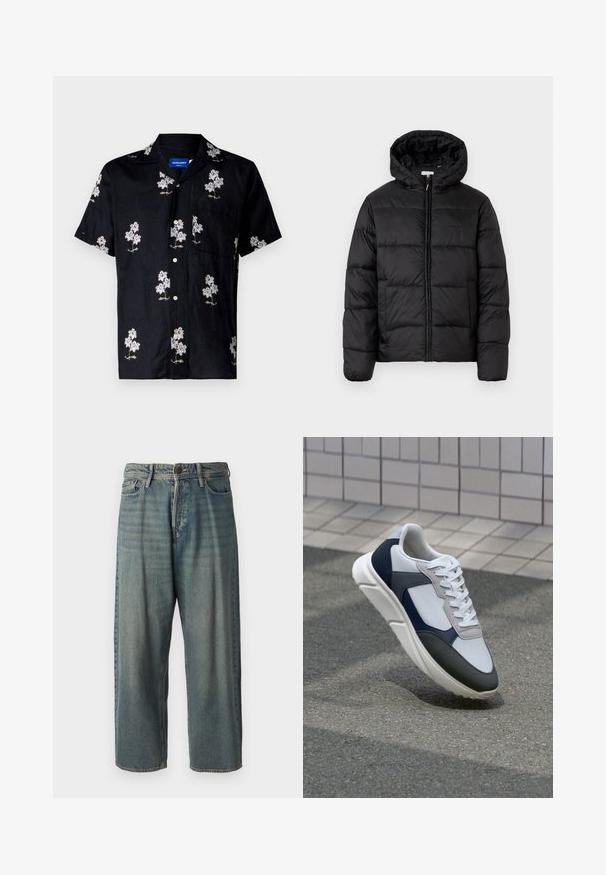 Čierna prešívaná bunda s kapucňou, s horizontálnymi prešívanými panelmi, so zipsom vpredu a hladkou, lesklou textúrou.; Čierna krátka košeľa s kvetinovým bielym a zlatým vyšívaním, zapínanie na gombíky a náprsné vrecko. Textúrovaná látka.; Svetlomodré denimové nohavice so voľným strihom, stredne vysokým pásom a rovnými nohavicami. Obsahujú päť vreciek, pútka na opasok a zapínanie na gombík.; Biele, námornícke a šedé tenisky s kombinovaným materiálom, so štruktúrovaným zvrškom, plochými šnúrkami a polstrovanou podošvou.