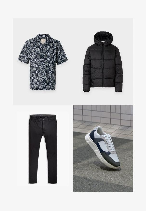 Fekete puffermellény kapucnival, vízszintes steppelésekkel, cipzáros elülső záródással és sima, fényes felülettel.; Tengerés kék, rövid ujjú ing, fehér és világoskék bonyolult virágmintával, sima anyagból készült, és bemetszett gallérral rendelkezik.; Fekete pamut chinos nadrág tapered fit szabással, öt zsebbel, övhurkokkal és sima textúrával. Cipzáras kivágás gombos záródással.; Fehér, tengerészkék és szürke sneaker vegyes anyagokból készült dizájnnal, amely textúrázott felsőrésszel, lapos fűzőkkel és párnázott talppal rendelkezik.