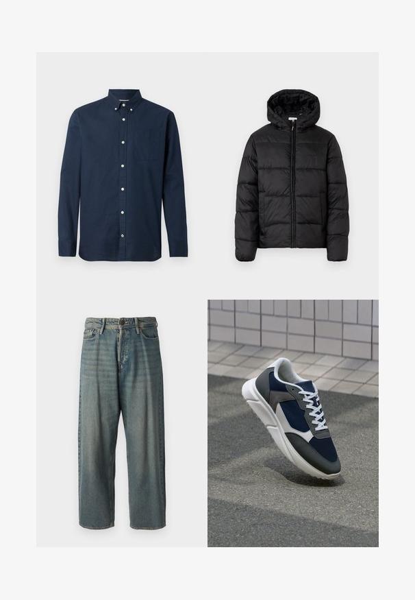 Czarna kurtka puchowa z kapturem, z poziomymi pikowanymi panelami, zapinana na zamek błyskawiczny z przodu i o gładkiej, błyszczącej fakturze.; Granatowa, długą rękawem koszula z lekkiego materiału, z kołnierzykiem na guziki, przednią kieszonką i białymi guzikami. Gładka faktura.; Jasnoniebieskie dżinsy o luźnym kroju, średnim stanie i prostych nogawkach. Posiadają pięć kieszeni, szlufki na pasek oraz zapięcie na guzik.; Sneakers z granatową siateczkową cholewką, szarymi zamszowymi akcentami, białą gumową podeszwą i płaskimi białymi sznurówkami, zaprojektowane z myślą o komforcie i wentylacji.