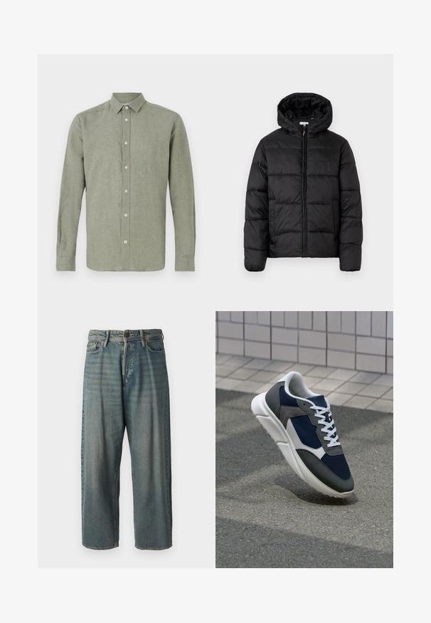 Veste matelassée noire avec capuche, présentant des panneaux matelassés horizontaux, un devant zippé et une texture lisse et brillante.; Chemise à manches longues, à col, de couleur vert clair, fabriquée en tissu texturé, dotée d'une fermeture à boutons sur toute la longueur et d'un ourlet droit.; Jeans en denim bleu clair avec une coupe ample, taille mi-haute et jambes droites. Comprend cinq poches, des passants de ceinture et une fermeture à bouton.; Baskets avec une tige en mesh bleu marine, des accents en suède gris, une semelle en caoutchouc blanc et des lacets plats blancs, conçues pour le confort et la respirabilité.