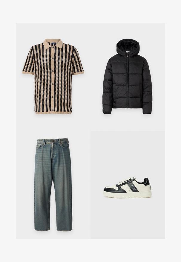 Svart puffjakke med hette, med horisontale quiltpaneler, glidelås foran og en glatt, shiny tekstur.; Strikket kortermet polo i beige og svart, med vertikale striper, ribbet krage og knappestenge foran. Teksturert strikket stoff.; Lyseblå denimjeans med løs passform, midjehøyde og rette ben. Har fem lommer, beltehemper og knappelukking.; Lædersneakers med sort og creme farveskema, der har perforerede detaljer, en polstret krave og en struktureret ydersål.