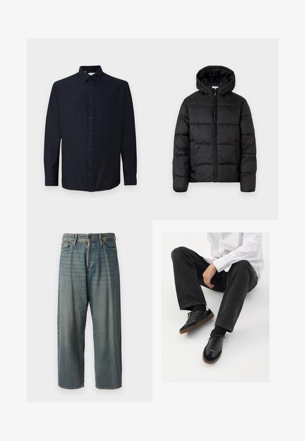 Casaco puffer preto com capuz, apresentando painéis acolchoados horizontais, fecho com zíper na frente e uma textura suave e brilhante.; Camisa de botão de manga longa em azul-marinho escuro, com gola e punhos, exibida de forma plana contra um fundo claro e simples.; Jeans de ganga azul claro com um corte solto, cintura média e pernas retas. Apresenta cinco bolsos, passadores de cinto e fecho com botão.; Sneakers pretos com parte superior lisa e texturada, apresentando uma sola de borracha e atacadores escuros. Combinados com jeans pretos e uma camisa branca às riscas.