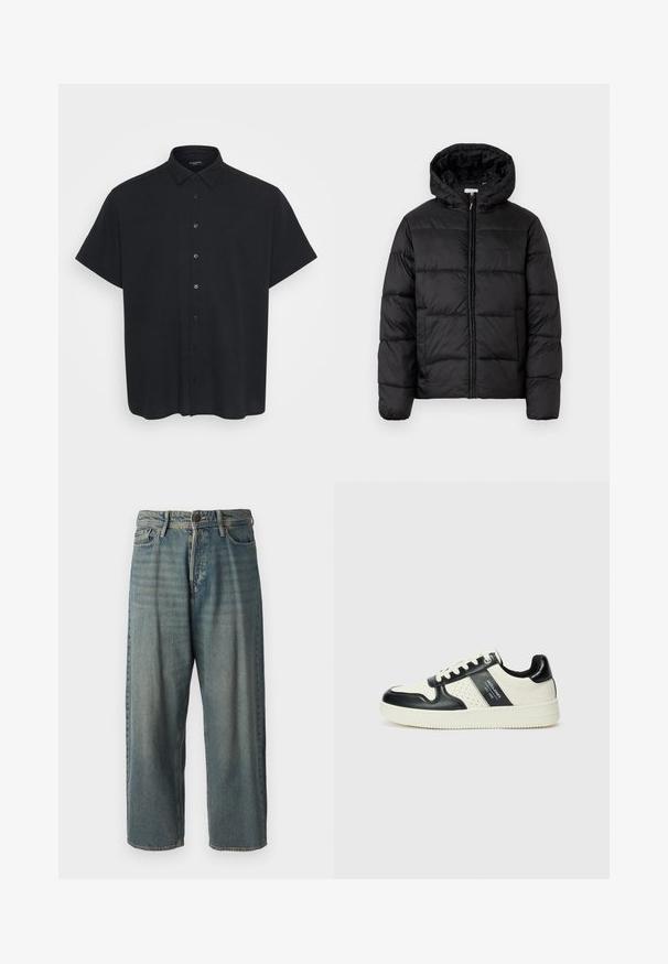 Svart puffjakke med hette, med horisontale quiltpaneler, glidelås foran og en glatt, shiny tekstur.; Korte ermers svart knapepolo skjorte laget av et strukturert stoff med krage, med frontknapper og en avslappet passform.; Lyseblå denimjeans med løs passform, midjehøyde og rette ben. Har fem lommer, beltehemper og knappelukking.; Lædersneakers med sort og creme farveskema, der har perforerede detaljer, en polstret krave og en struktureret ydersål.
