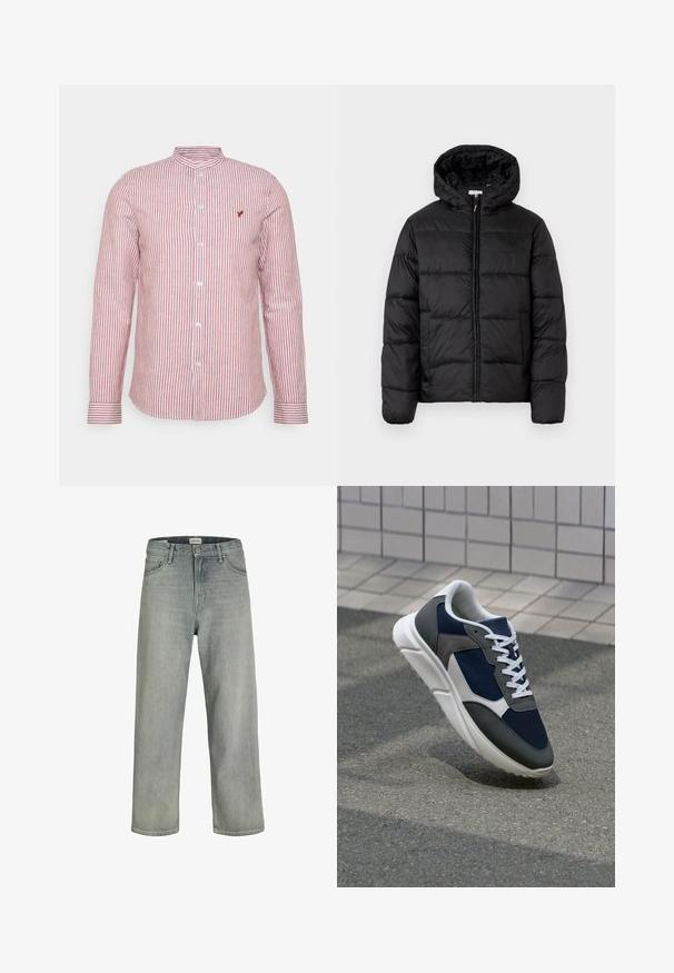 Black puffer jacket with a hood, featuring horizontal quilted panels, zip front closure, and a smooth, shiny texture.; Red and white striped long-sleeve shirt with a mandarin collar, button front, and small logo accent on the chest. Cotton fabric.; Light gray, loose-fitting jeans made of denim. Features a classic five-pocket design, belt loops, and a straight leg silhouette.; Sneaker featuring a navy blue mesh upper, gray suede accents, white rubber sole, and flat white laces, designed for comfort and breathability.