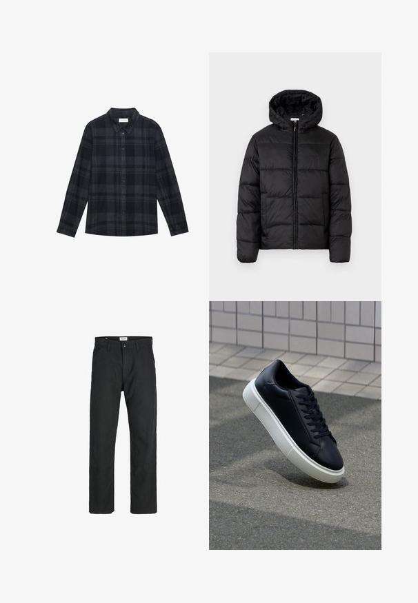 Černá péřová bunda s kapucí, s horizontálně prošívanými panely, předním zipovým zapínáním a hladkým, lesklým povrchem.; Černá a šedá kára košile vyrobená z flanelu, s knoflíkovou přední stranou, dlouhými rukávy a klasickým límcem.; Černé kalhoty vyrobené z odolné tkaniny, s rovnými nohavicemi, šitými akcenty a dvěma předními kapsami pro praktičnost.; Černé kožené tenisky s kulatou špičkou a bílou gumovou podrážkou. mají ploché tkaničky a minimální šití na svršku. Texturovaná podrážka pro lepší přilnavost.