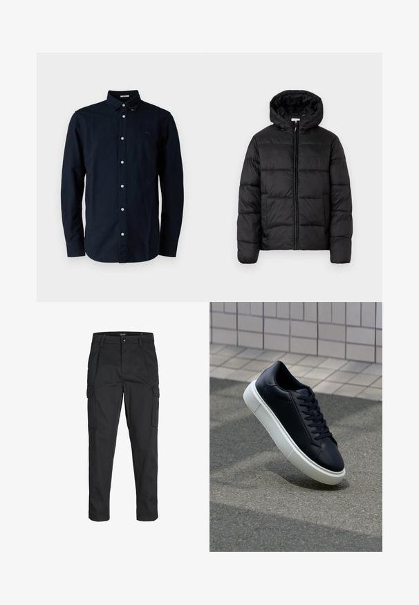 Svart dunjacka med huva, med horisontella quiltade paneler, dragkedja fram och en slät, glänsande yta.; Mörkblå knapp-up skjorta i bomull, med klassisk krage, långa ärmar och en liten broderad logotyp på bröstet.; Svarta cargobyxor tillverkade av hållbart tyg, med flera fickor, knappstängning och en smal passform med avsmalnande ben.; Svart lädersneaker med rundad tå och vit gummisula. Har platta snören och minimal sömnad på ovansidan. Texturerad sula för grepp.