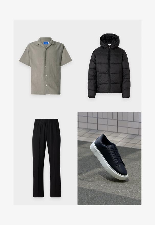Čierna prešívaná bunda s kapucňou, s horizontálnymi prešívanými panelmi, so zipsom vpredu a hladkou, lesklou textúrou.; Krátky rukáv košeľa v olivovozelenej farbe s textúrovaným povrchom, s golierom a predným zapínaním na gombíky. Obsahuje svetlé gombíky.; Čierne nohavice s elastickým pásom a rovnými nohavicami, majú hladkú textúru a žiadne viditeľné vzory ani kovové doplnky.; Čierne kožené tenisky s okrúhlou špičkou a bielou gumovou podrážkou. Majú ploché šnúrky a minimálne šitie na vrchu. Textúrovaná podrážka pre lepšiu priľnavosť.