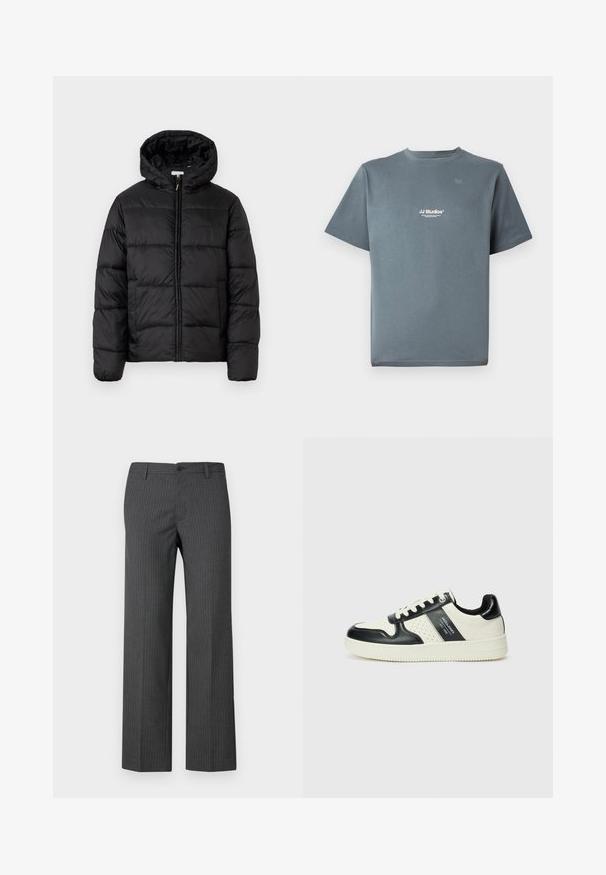 Črna pufasta bunda s kapuco, ki ima vodoravne prešite plošče, sprednje zapiranje na zadrgo in gladko, sijočo teksturo.; Siva bombažna majica s krojem, kratkimi rokavi in majhnim belim logotipom "JJ Studios" na prsih. Gladka tekstura in sproščen kroj.; Sive prugaste hlače izdelane iz prilagojenega materiala, s straight-leg obliko, sprednjimi žepi in gumbnim zapiranjem na pasu.; Usnjeni športni čevlji z črno in krem barvno shemo, ki vključujejo perforirane dodatke, podložen ovratnik in strukturirano podplat.