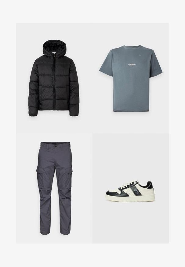 Casaco puffer preto com capuz, apresentando painéis acolchoados horizontais, fecho com zíper na frente e uma textura suave e brilhante.; T-shirt cinza de algodão com decote redondo, mangas curtas e um pequeno logótipo branco "JJ Studios" no peito. Textura suave e corte descontraído.; Calças cargo cinzas com corte reto, feitas de um tecido leve, apresentando bolsos laterais e fecho de botão na cintura.; Ténis de couro com um esquema de cores em preto e creme, apresentando detalhes perfurados, um colarinho acolchoado e uma sola texturizada.