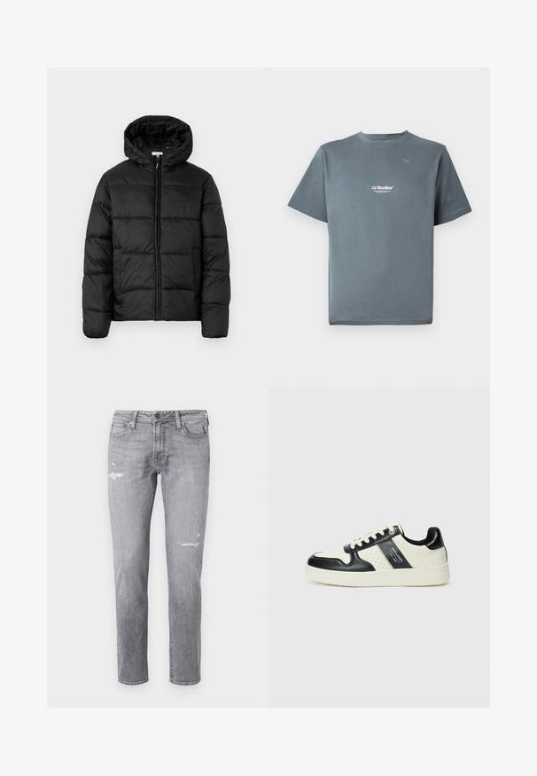 Musternaturmustar coat mustelhoovaga, hrisontaalsete tikandi paneelidega, tõmbluku ees sulgemisega ja sujuva, läikiva tekstuuriga.; Hall hõbe puuvillane T-särk ümarate kaelustega, lühikeste varrukatega ja väikese valge "JJ Studios" logoga rinnal. Sile tekstuur ja mugav lõige.; Heledad hallhallased teksad, mis on valmistatud denimist, sisaldavad kulumiskohti ja sirget lõiget. Klasikaline viie taskuga disain metallist detailidega.; Nahatud nahkkingad musta ja kreemi värviskeemiga, millel on perforeeritud aktsendid, pehme krae ja tekstureeritud tallad.