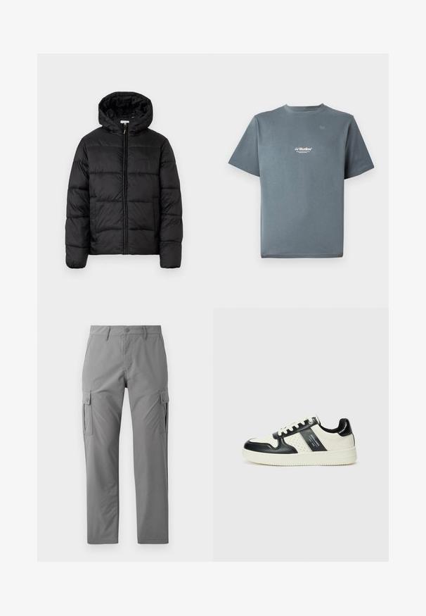 Casaco puffer preto com capuz, apresentando painéis acolchoados horizontais, fecho com zíper na frente e uma textura suave e brilhante.; T-shirt cinza de algodão com decote redondo, mangas curtas e um pequeno logótipo branco "JJ Studios" no peito. Textura suave e corte descontraído.; Jack & Jones JPSTKARL KURTIS SNAP TECH - Calças cargo - castle rock; Ténis de couro com um esquema de cores em preto e creme, apresentando detalhes perfurados, um colarinho acolchoado e uma sola texturizada.
