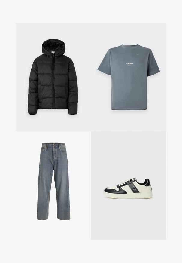 Črna pufasta bunda s kapuco, ki ima vodoravne prešite plošče, sprednje zapiranje na zadrgo in gladko, sijočo teksturo.; Siva bombažna majica s krojem, kratkimi rokavi in majhnim belim logotipom "JJ Studios" na prsih. Gladka tekstura in sproščen kroj.; Svetlo modri široki jeansi iz džinsa z visokim pasom, oblikom petih žepov in vidnimi šivi. Mehka tekstura z rahlo zbledelim videzom.; Usnjeni športni čevlji z črno in krem barvno shemo, ki vključujejo perforirane dodatke, podložen ovratnik in strukturirano podplat.