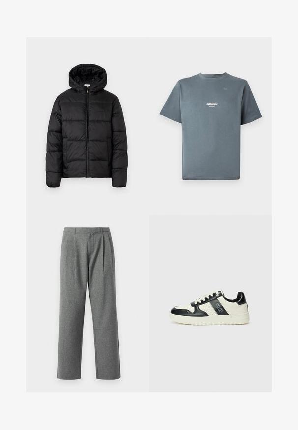 Casaco puffer preto com capuz, apresentando painéis acolchoados horizontais, fecho com zíper na frente e uma textura suave e brilhante.; T-shirt cinza de algodão com decote redondo, mangas curtas e um pequeno logótipo branco "JJ Studios" no peito. Textura suave e corte descontraído.; Calças cinzas de perna reta feitas de tecido texturizado, apresentando pregas na parte da frente e uma cintura básica, sem bolsos visíveis.; Ténis de couro com um esquema de cores em preto e creme, apresentando detalhes perfurados, um colarinho acolchoado e uma sola texturizada.