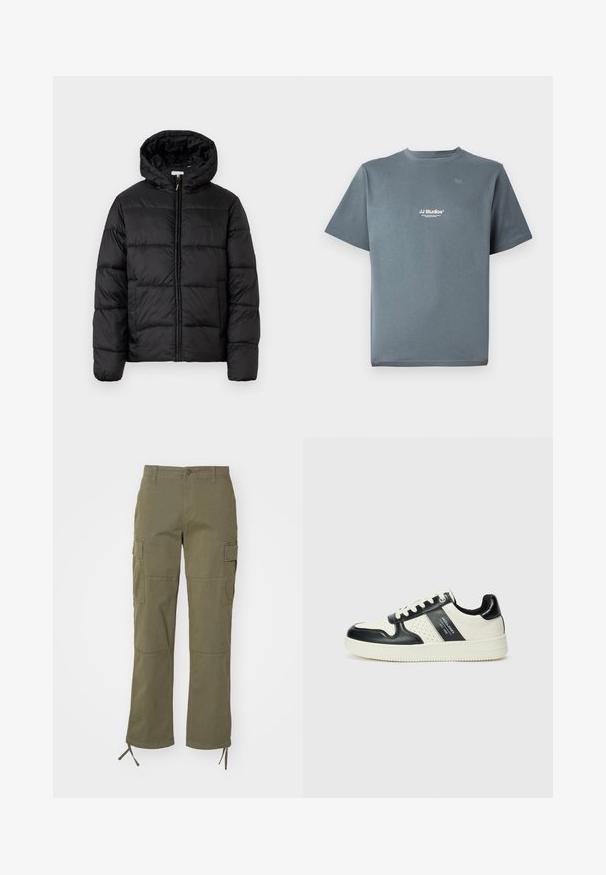 Chaqueta de plumas negra con capucha, que presenta paneles acolchados horizontales, cierre frontal con cremallera y una textura suave y brillante.; Camiseta de algodón gris con cuello redondo, mangas cortas y un pequeño logotipo blanco de "JJ Studios" en el pecho. Textura suave y corte relajado.; Pantalones cargo de color verde oliva con un diseño de pierna recta, que presentan dos bolsillos laterales y lazos ajustables en los puños. Fabricados con tela resistente.; Zapatillas de cuero con un esquema de colores negro y crema, que cuentan con acentos perforados, un collar acolchado y una suela texturizada.
