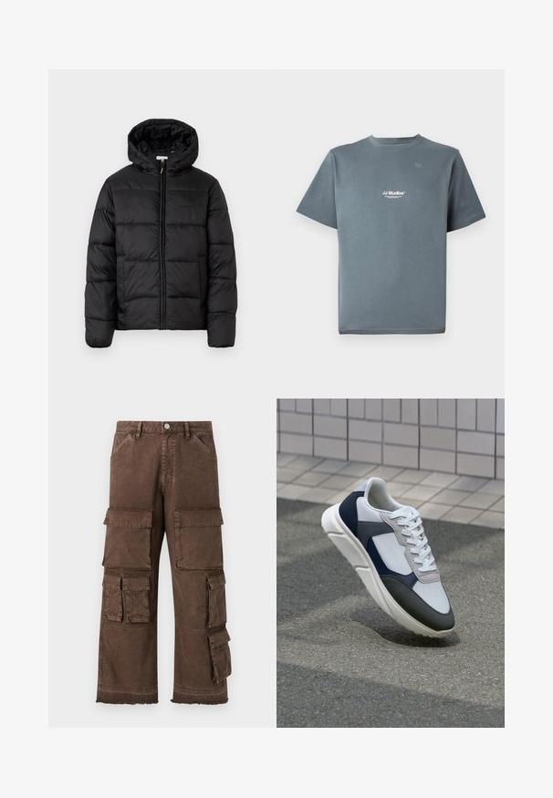 Schwarze Steppjacke mit Kapuze, ausgestattet mit horizontalen Stepppanelen, Reißverschluss vorne und einer glatten, glänzenden Textur.; Graues Baumwoll-T-Shirt mit Rundhalsausschnitt, kurzen Ärmeln und einem kleinen weißen "JJ Studios"-Logo auf der Brust. Glatte Textur und lockere Passform.; Braune Cargo-Hosen mit lockerer Passform, mehreren Seitentaschen und fransigem Saumdesign. Hergestellt aus robustem, strukturiertem Stoff für Langlebigkeit.; Weißer, marineblauer und grauer Sneaker mit einem Materialmix-Design, das ein strukturiertes Obermaterial, flache Schnürsenkel und eine gepolsterte Sohle aufweist.