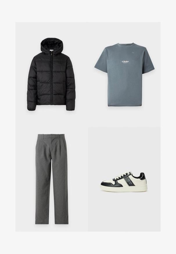 Black puffer jacket with a hood, featuring horizontal quilted panels, zip front closure, and a smooth, shiny texture.; Gray cotton t-shirt with a crew neck, short sleeves, and a small white "JJ Studios" logo on the chest. Smooth texture and relaxed fit.; Gray, pinstriped trousers made from a textured fabric. Features a high waist with pleats and a straight leg design.; Leather sneakers with a black and cream color scheme, featuring perforated accents, a padded collar, and a textured outsole.