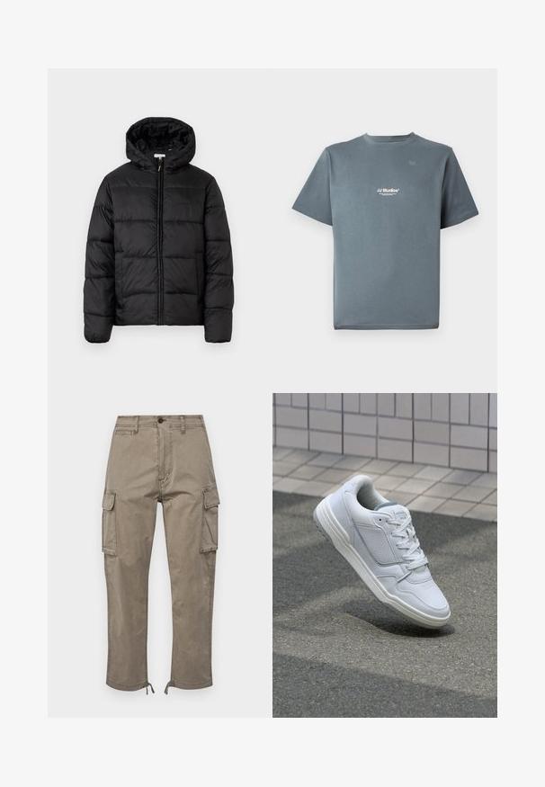 Black puffer jacket with a hood, featuring horizontal quilted panels, zip front closure, and a smooth, shiny texture.; Gray cotton t-shirt with a crew neck, short sleeves, and a small white "JJ Studios" logo on the chest. Smooth texture and relaxed fit.; Cargo pants in a muted taupe color, made from cotton, feature side pockets, a straight cut, and adjustable hems with drawstrings.; White leather sneaker with perforated sides, textured accents, flat laces, and a contrasting gray heel. Features a slightly elevated sole.