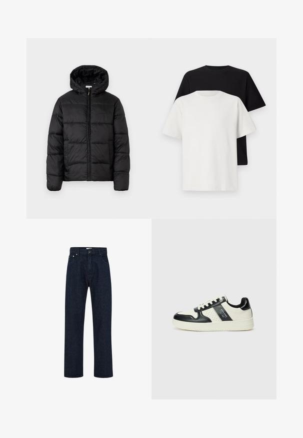 Melnā pūkainā jaka ar kapuci, ar horizontāliem quiltotiem paneļiem, ar rāvējslēdzēju priekšpusē un gludu, spīguļojošu tekstūru.; Kokvilnas T-kreklu komplekts, kas sastāv no melna un baltā T-krekla, abi ar īsām piedurknēm, apaļu kakla izgriezumu un standarta piegriezumu. Faktūras audums.; Tumši zila džinsa auduma bikses ar augstu jostasvietu, taisnām plašām kājām, priekšējām kabatām un metālisku pogu aizdari. Klasiska piecu kabatu dizains.; Ādas sporta apavi ar melnbaltu krāsu shēmu, ar perforētiem akcentiem, mīkstinātu apkakli un teksturētu zoli.