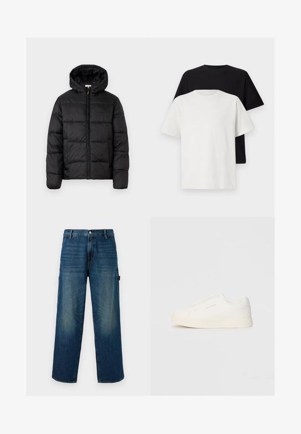 Zwarte pufferjack met een capuchon, met horizontale gestikte panelen, ritssluiting aan de voorkant en een gladde, glanzende textuur.; Katoenen T-shirt set met een zwarte top en een witte top, beide met korte mouwen, ronde hals en een standaard pasvorm. Textuurstof.; Wijdvallende blauwe denimbroek met vervaagde accenten, voorzien van een traditionele knoop- en ritssluiting en een zijzak aan de linkerkant.; Witte instap sneakers met een gestructureerd oppervlak, een dikke zool en een minimalistisch ontwerp. Bevat het merklogo aan de zijkant.