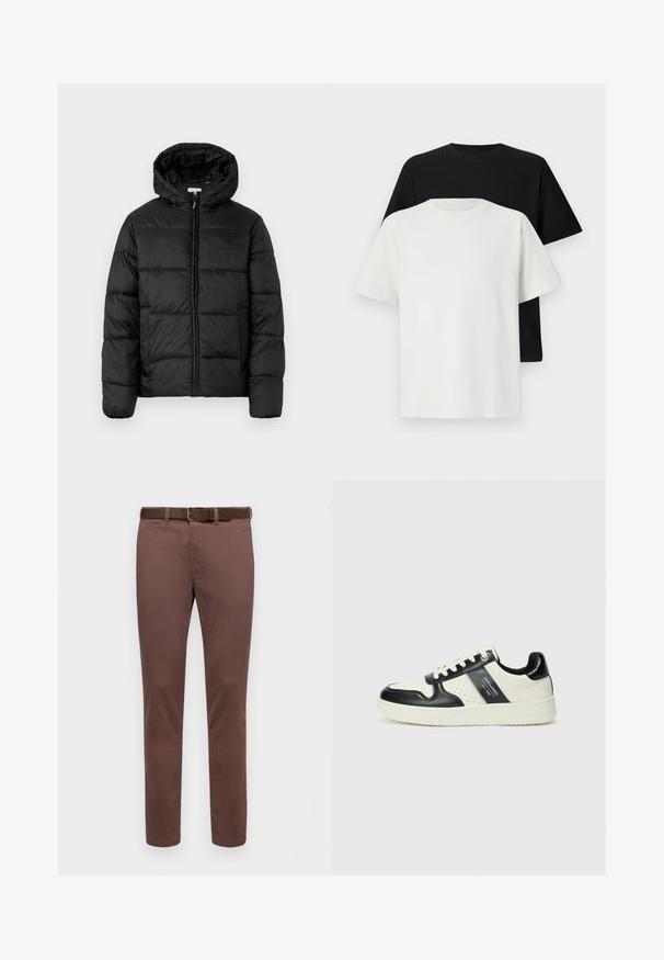 Zwarte pufferjack met een capuchon, met horizontale gestikte panelen, ritssluiting aan de voorkant en een gladde, glanzende textuur.; Katoenen T-shirt set met een zwarte top en een witte top, beide met korte mouwen, ronde hals en een standaard pasvorm. Textuurstof.; Bruine katoenen broek met een rechte pasvorm, met een gladde textuur en een bijpassende riem. Geen zichtbare patronen of accenten.; Leren sneakers met een zwart en crèmekleurig kleurenschema, voorzien van geperforeerde accenten, een gevoerde kraag en een gestructureerde buitenzool.