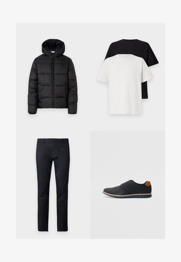 Fekete puffermellény kapucnival, vízszintes steppelésekkel, cipzáros elülső záródással és sima, fényes felülettel.; Pamut póló szett, amely egy fekete és egy fehér pólót tartalmaz, mindkettő rövid ujjú, környakú és normál fazonú. Texturált anyag.; Fekete pamut nadrág, egyenes láb kialakítással, övhurkokkal és gombos záródással. Finom varrási részletek találhatók a derékrésznél.; Fekete szintetikus cipők, textúrált felsőrésszel, sima díszítésekkel, barna sarkával és kontrasztos talppal. Minimális fűzéssel és varrási részletekkel rendelkezik.