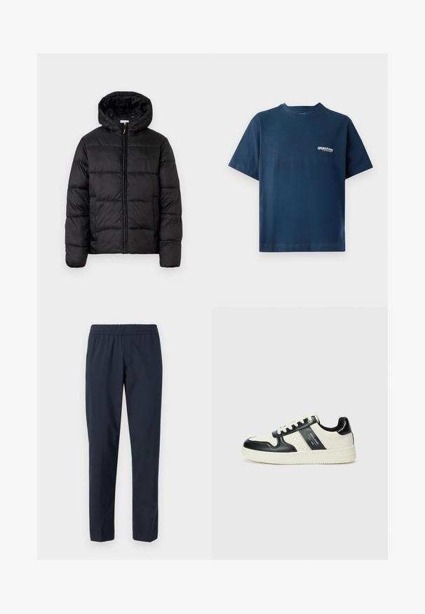 Musternaturmustar coat mustelhoovaga, hrisontaalsete tikandi paneelidega, tõmbluku ees sulgemisega ja sujuva, läikiva tekstuuriga.; Tumed sinine puuvillane t-särk lühikeste varrukatega ja ümmarguse kaelusega. Vasakul rinnal on väike valge logo. Pehme tekstuur.; Tumedad sinised püksid elastse vöökohtaga, sirged sääred, kerge materjal ja ilma nähtavate taskute või kaunistusteta.; Nahatud nahkkingad musta ja kreemi värviskeemiga, millel on perforeeritud aktsendid, pehme krae ja tekstureeritud tallad.