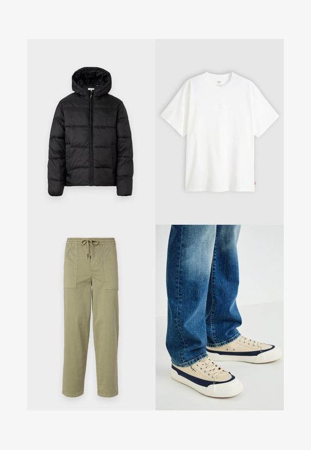 Fekete puffermellény kapucnival, vízszintes steppelésekkel, cipzáros elülső záródással és sima, fényes felülettel.; Fehér, rövid ujjú pamut póló, kerek nyakkivágással. Az elülső részen finom, domború logós részlet található, valamint egy piros cimke az alsó szegélyen.; Világos olíva zöld színű, pamut keverékből készült nadrág, rugalmas derékrésszel és zsinórral, valamint két nagy oldalzsebbel.; Beige vászon sportcipők tengerészkék részletekkel, kerek orral, gumitalppal és fűzős kialakítással. Mellettük világoskék, kopott farmernadrág.