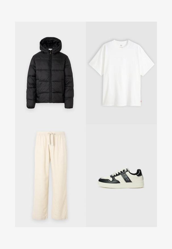 Black puffer jacket with a hood, featuring horizontal quilted panels, zip front closure, and a smooth, shiny texture.; White short-sleeve t-shirt made of cotton with a crew neck. Features subtle embossed logo detail on the front and a red label at the hem.; Linen blend wide-leg pants in off-white, featuring an elastic waistband with a drawstring. Smooth texture and full-length design.; Leather sneakers with a black and cream color scheme, featuring perforated accents, a padded collar, and a textured outsole.